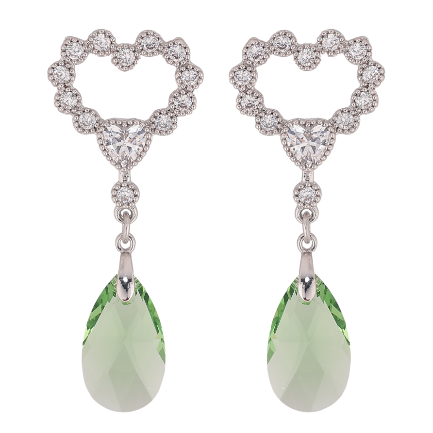 Серьги Xuping цвет Родий с кристаллами Swarovski пусеты "Сердечки с подвеской кристалл Peridot" фото №1