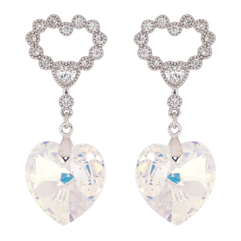 Сережки Xuping колір Родій з кристалами Swarovski пусети "Сердечки з підвіскою кристал Shimmer" фото №1