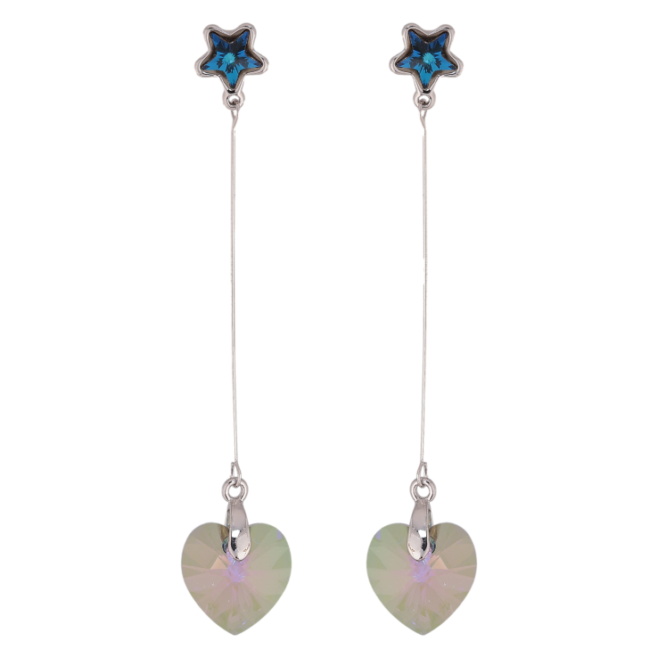 Серьги Xuping цвет Родий с кристаллами Swarovski пусеты "Синие звездочки с подвесками сердечки Luminous Green" фото №3 Серьги Xuping цвет Родий с кристаллами Swarovski пусеты "Синие звездочки с подвесками сердечки Luminous Green" фото №3