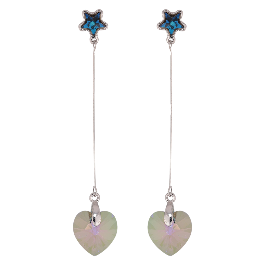 Серьги Xuping цвет Родий с кристаллами Swarovski пусеты "Синие звездочки с подвесками сердечки Luminous Green" фото №1