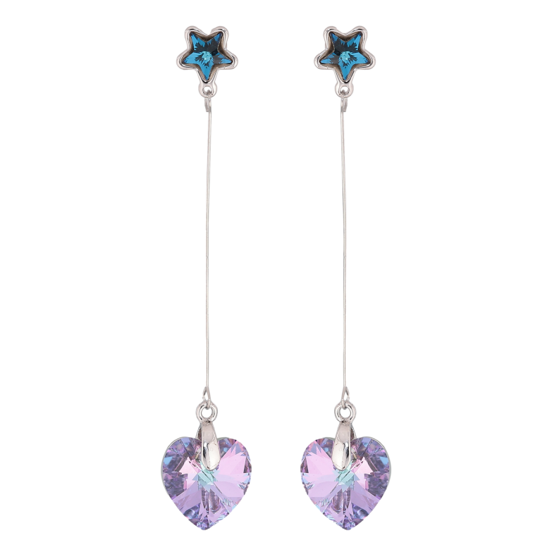 Серьги Xuping цвет Родий с кристаллами Swarovski пусеты "Синие звездочки с подвесками сердечки Paradise Shine" фото №2