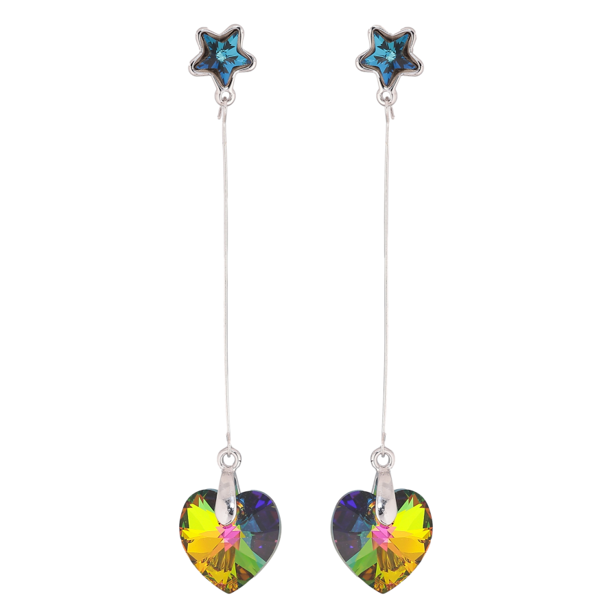 Серьги Xuping цвет Родий с кристаллами Swarovski пусеты "Синие звездочки с подвесками сердечки Vitrail Medium" фото №1 Серьги Xuping цвет Родий с кристаллами Swarovski пусеты "Синие звездочки с подвесками сердечки Vitrail Medium" фото №1