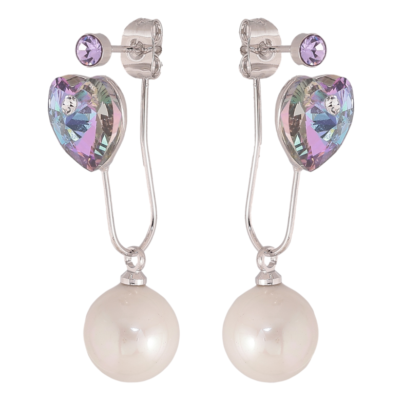 Серьги Xuping цвет Родий с кристаллами Swarovski пусеты-джекеты "Сердечки Paradise Shine с жемчужинами" фото №1