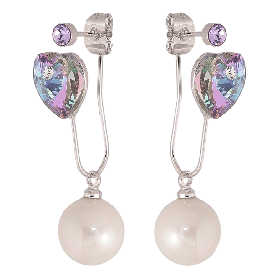 Сережки Xuping колір Родій з кристалами Swarovski пусети-джекети "Сердечка Paradise Shine з перлинами" фото №1