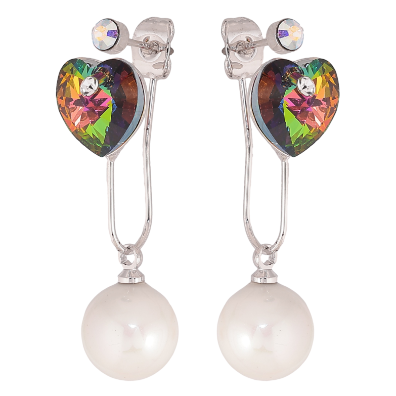 Сережки Xuping колір Родій з кристалами Swarovski пусети-джекети "Сердечка Vitrail Medium з перлинами" фото №1