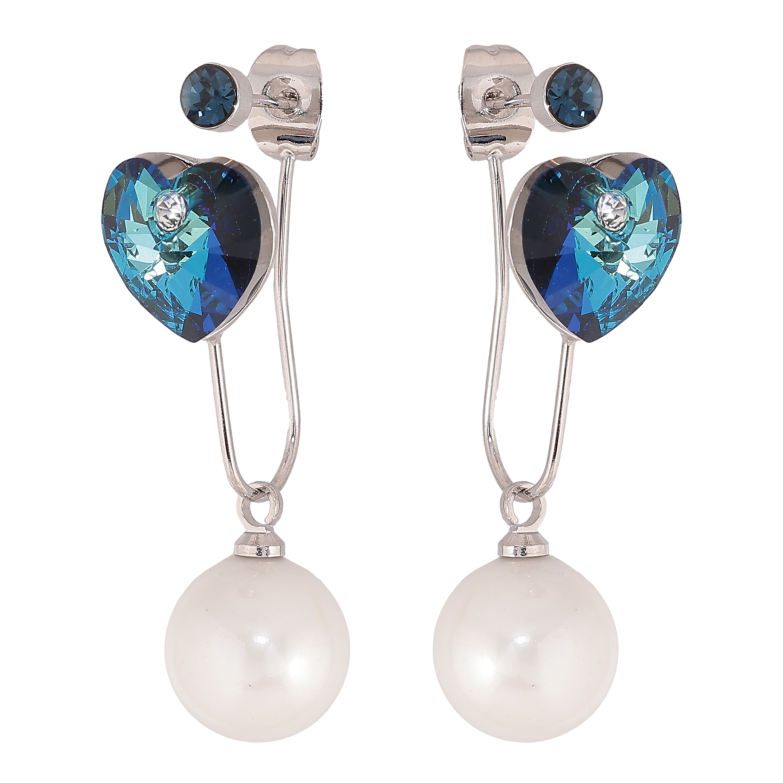 Серьги Xuping цвет Родий с кристаллами Swarovski пусеты-джекеты "Сердечки Metallic Blue с жемчужинами" фото №1