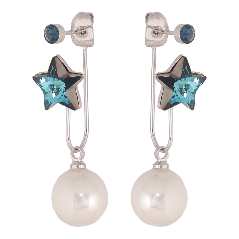 Серьги Xuping цвет Родий с кристаллами Swarovski пусеты- джекеты "Звездочки Metallic Blue с жемчужинами" фото №1