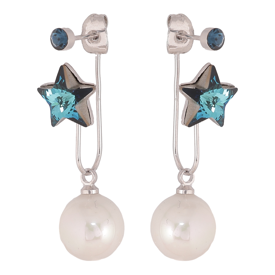 Серьги Xuping цвет Родий с кристаллами Swarovski пусеты- джекеты "Звездочки Metallic Blue с жемчужинами" фото №1 Серьги Xuping цвет Родий с кристаллами Swarovski пусеты- джекеты "Звездочки Metallic Blue с жемчужинами" фото №1