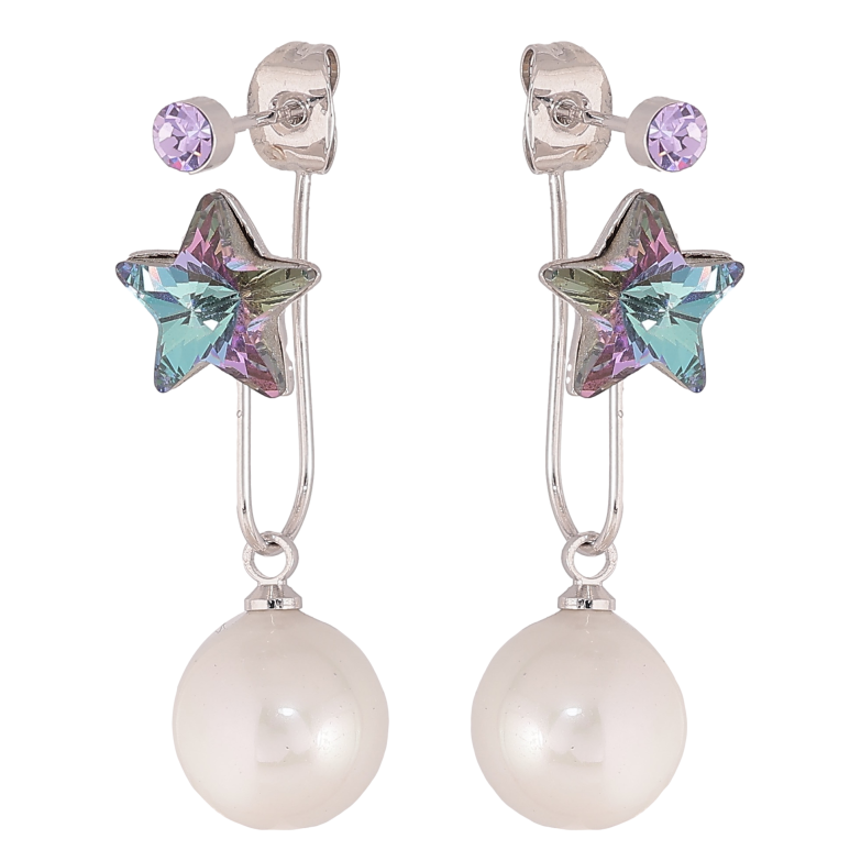 Сережки Xuping колір Родій з кристалами Swarovski пусети-джекети "Зірочки Paradise Shine з перлинами" фото №1