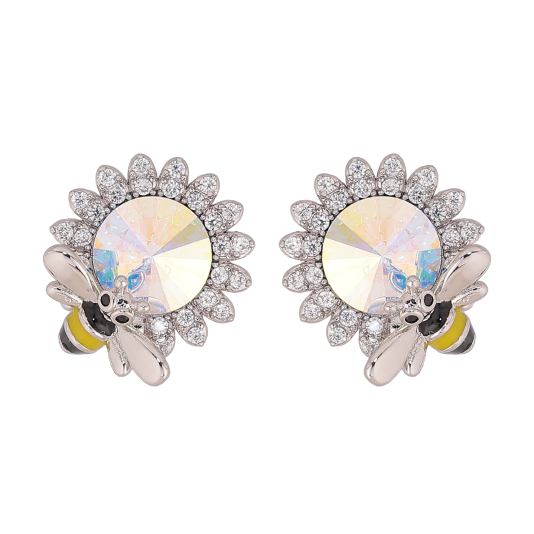 Сережки Xuping колір Родій з кристалами Swarovski пусети "Квіточки з кристалом АВ та бджолою" фото №1