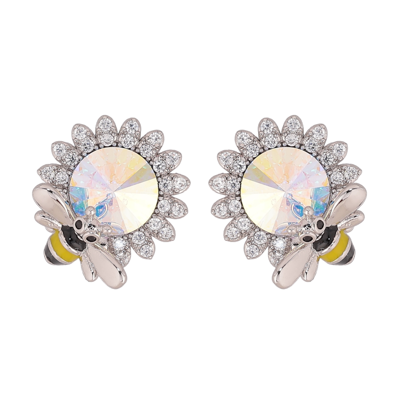 Серьги Xuping цвет Родий с кристаллами Swarovski пусеты "Цветочки с кристаллом АВ и пчелой" фото №1 Серьги Xuping цвет Родий с кристаллами Swarovski пусеты "Цветочки с кристаллом АВ и пчелой" фото №1