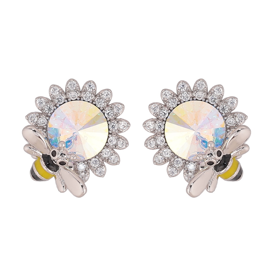 Серьги Xuping цвет Родий с кристаллами Swarovski пусеты "Цветочки с кристаллом АВ и пчелой" фото №1 Серьги Xuping цвет Родий с кристаллами Swarovski пусеты "Цветочки с кристаллом АВ и пчелой" фото №1