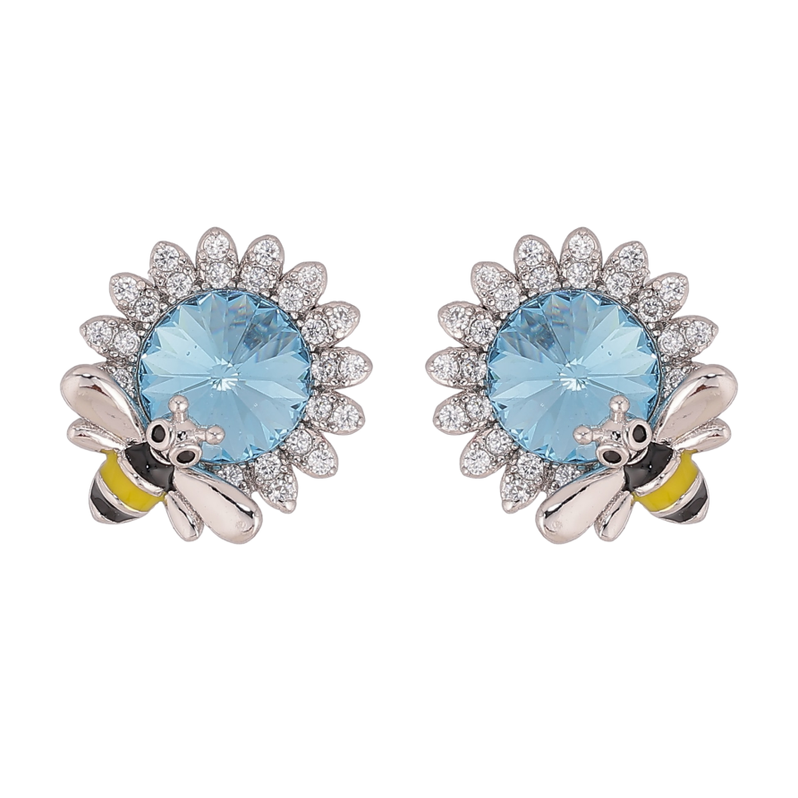 Серьги Xuping цвет Родий с кристаллами Swarovski пусеты "Цветочки с кристаллом Aquamarine и пчелой" фото №1