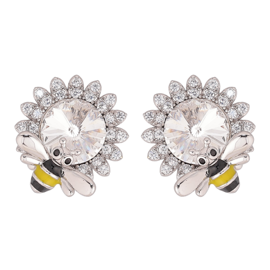 Сережки Xuping колір Родій з кристалами Swarovski пусети "Квіточки з кристалом Clear та бджолою" фото №1