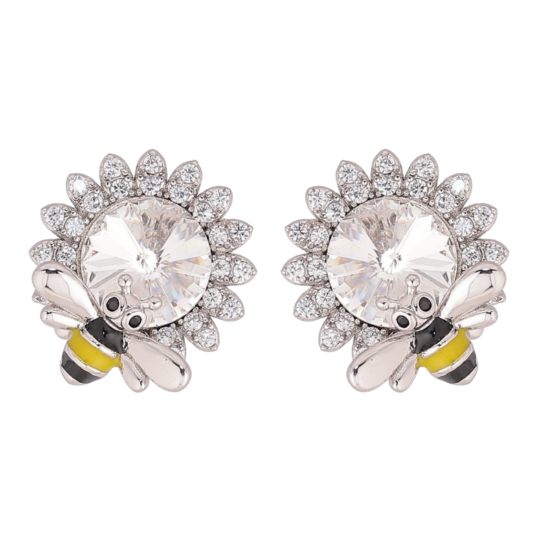 Сережки Xuping колір Родій з кристалами Swarovski пусети "Квіточки з кристалом Clear та бджолою" фото №1