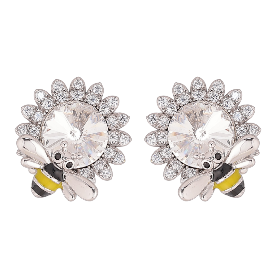Серьги Xuping цвет Родий с кристаллами Swarovski пусеты "Цветочки с кристаллом Clear и пчелой" фото №1 Серьги Xuping цвет Родий с кристаллами Swarovski пусеты "Цветочки с кристаллом Clear и пчелой" фото №1