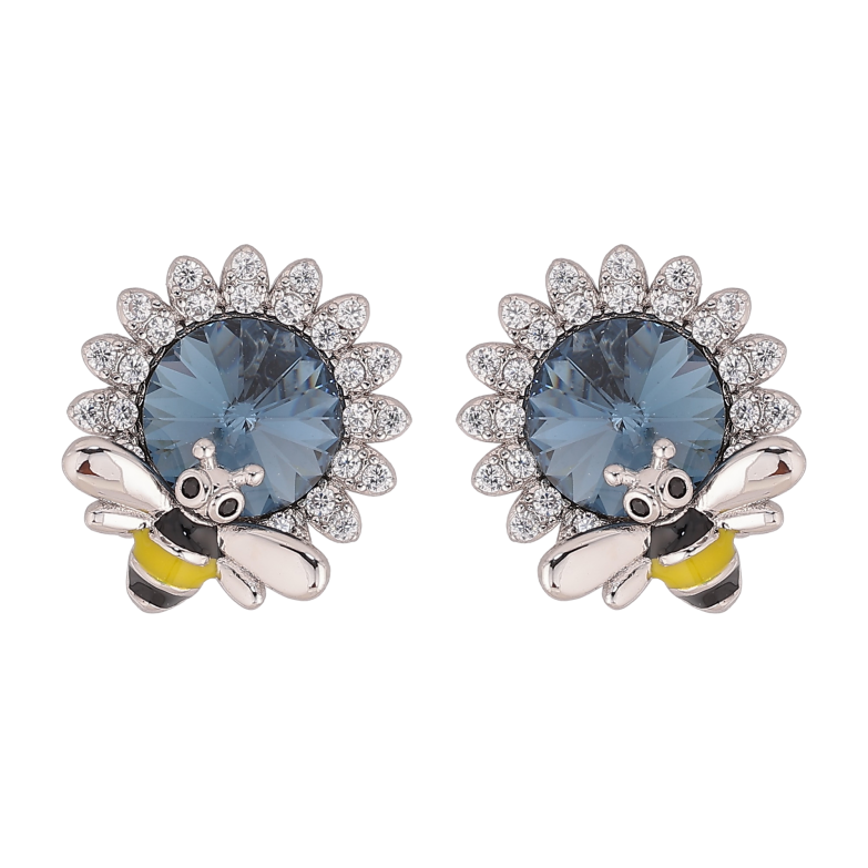 Серьги Xuping цвет Родий с кристаллами Swarovski пусеты "Цветочки с кристаллом Montana и пчелой" фото №1