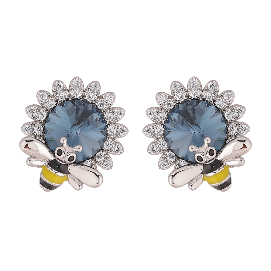 Серьги Xuping цвет Родий с кристаллами Swarovski пусеты "Цветочки с кристаллом Montana и пчелой" фото №1