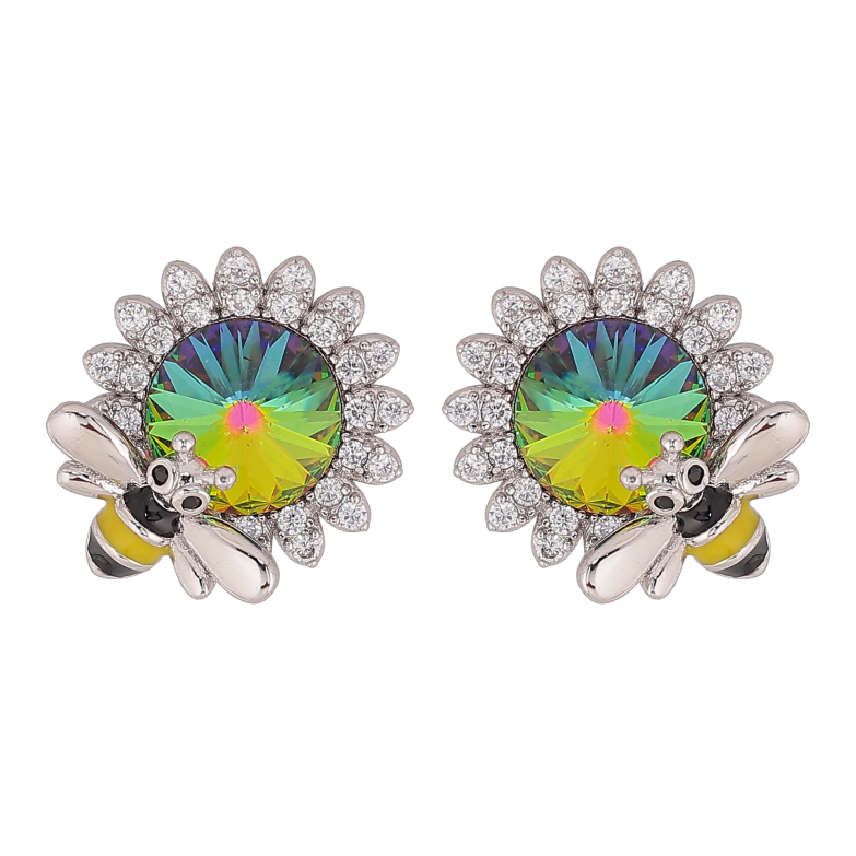 Сережки Xuping колір Родій з кристалами Swarovski пусети "Квіточки з кристалом Vitrail Medium та бджолою" фото №1