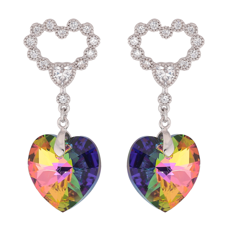 Серьги Xuping цвет Родий с кристаллами Swarovski пусеты "Сердечки с подвеской кристалл Vitrail Medium" фото №1