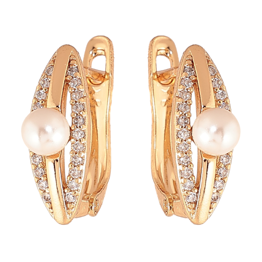 Сережки Xuping колір позолота 18K англійський замок візерунок з кристалами та перлинами фото №1 Сережки Xuping колір позолота 18K англійський замок візерунок з кристалами та перлинами фото №1