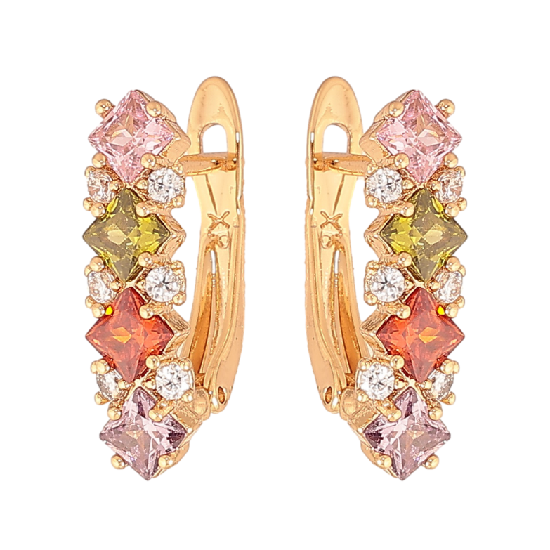 Сережки Xuping колір позолота 18K англійський замок візерунок з різнокольоровими кристалами фото №1