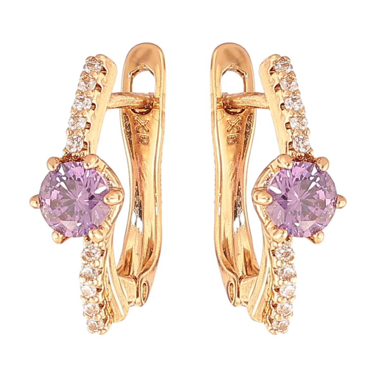 Сережки Xuping колір позолота 18K англійський замок візерунок з бузковими кристалами фото №20