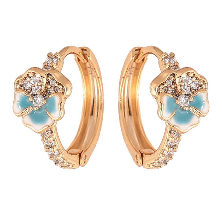 Серьги Xuping цвет позолота 18К колечки голубые цветочки с эмалью и кристаллами фото №3