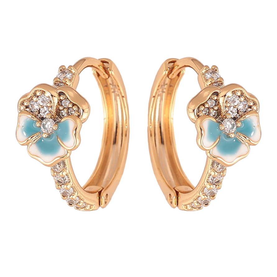 Серьги Xuping цвет позолота 18К колечки голубые цветочки с эмалью и кристаллами фото №1