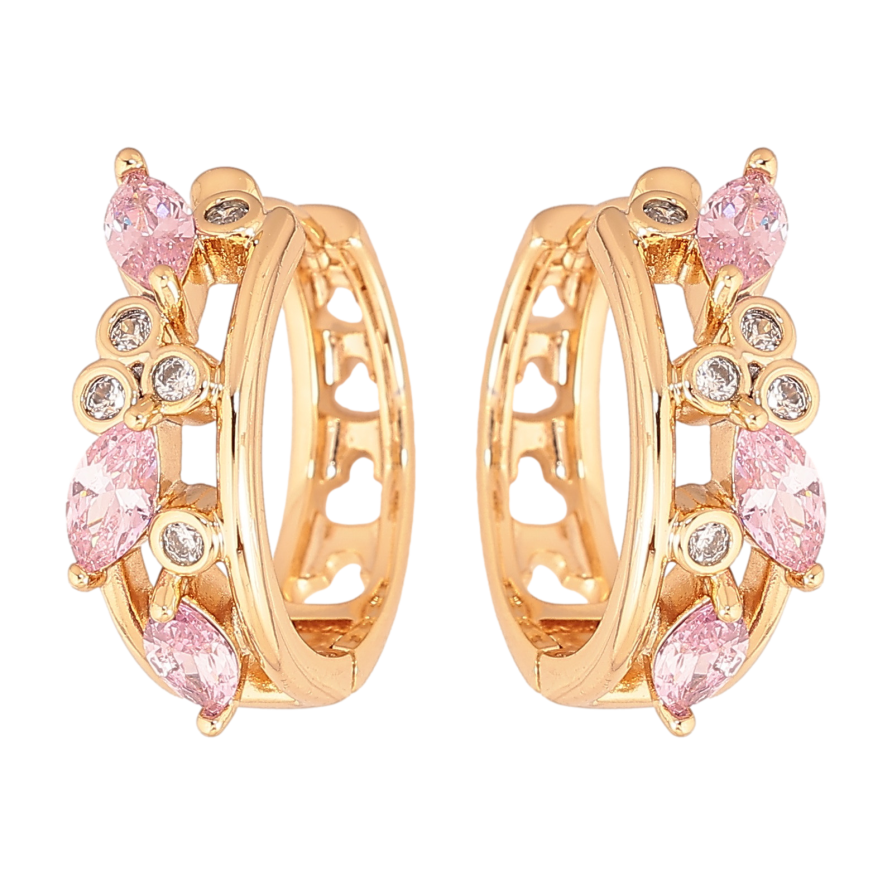 Серьги Xuping цвет позолота 18К колечки декоративный узор с розовыми кристаллами фото №1