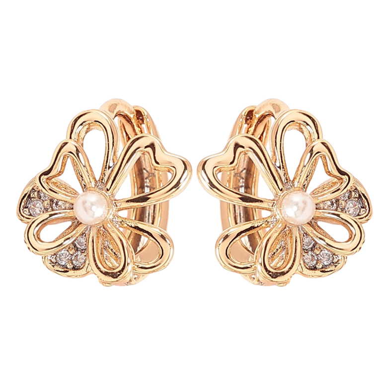 Сережки Xuping колір позолота 18К колечка квіточки з перлинками та кристалами фото №1