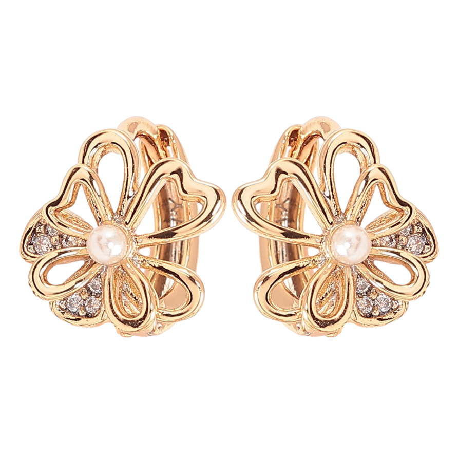 Сережки Xuping колір позолота 18К колечка квіточки з перлинками та кристалами фото №1