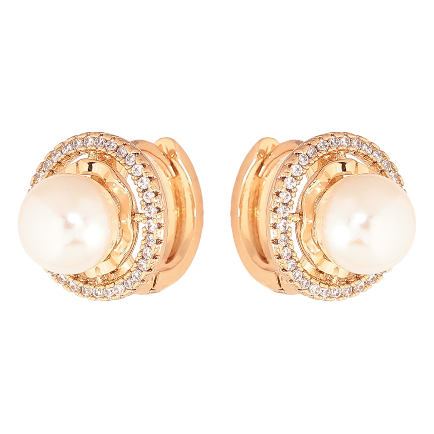Сережки Xuping колір позолота 18К колечка перлини в обрамленні кристалів фото №1