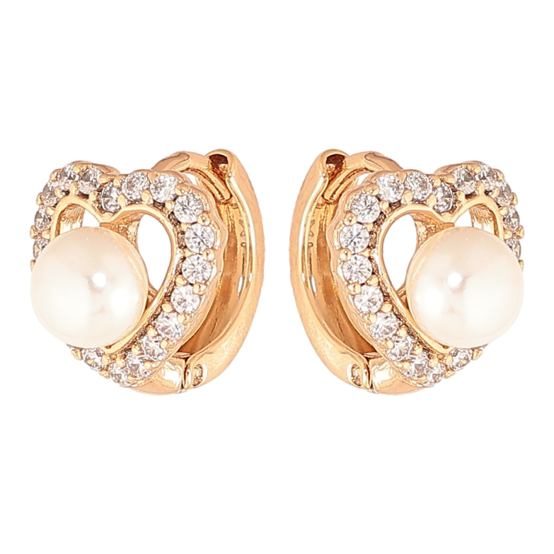 Серьги Xuping цвет позолота 18К колечки сердечки с кристаллами и жемчужинами фото №6