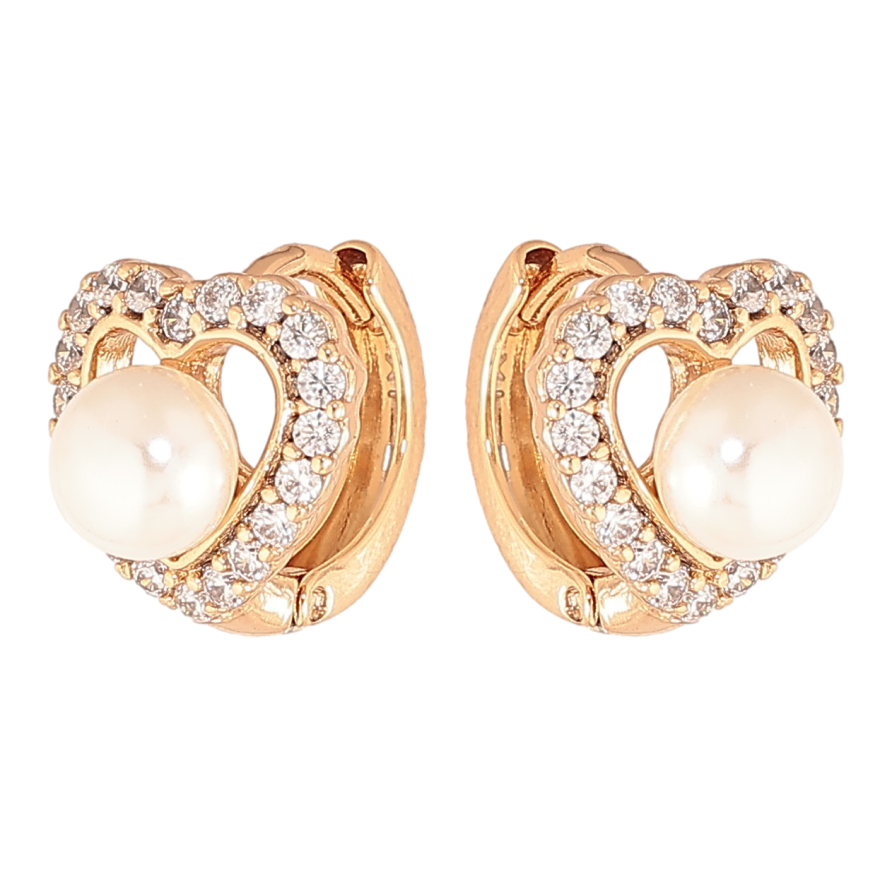 Серьги Xuping цвет позолота 18К колечки сердечки с кристаллами и жемчужинами фото №1