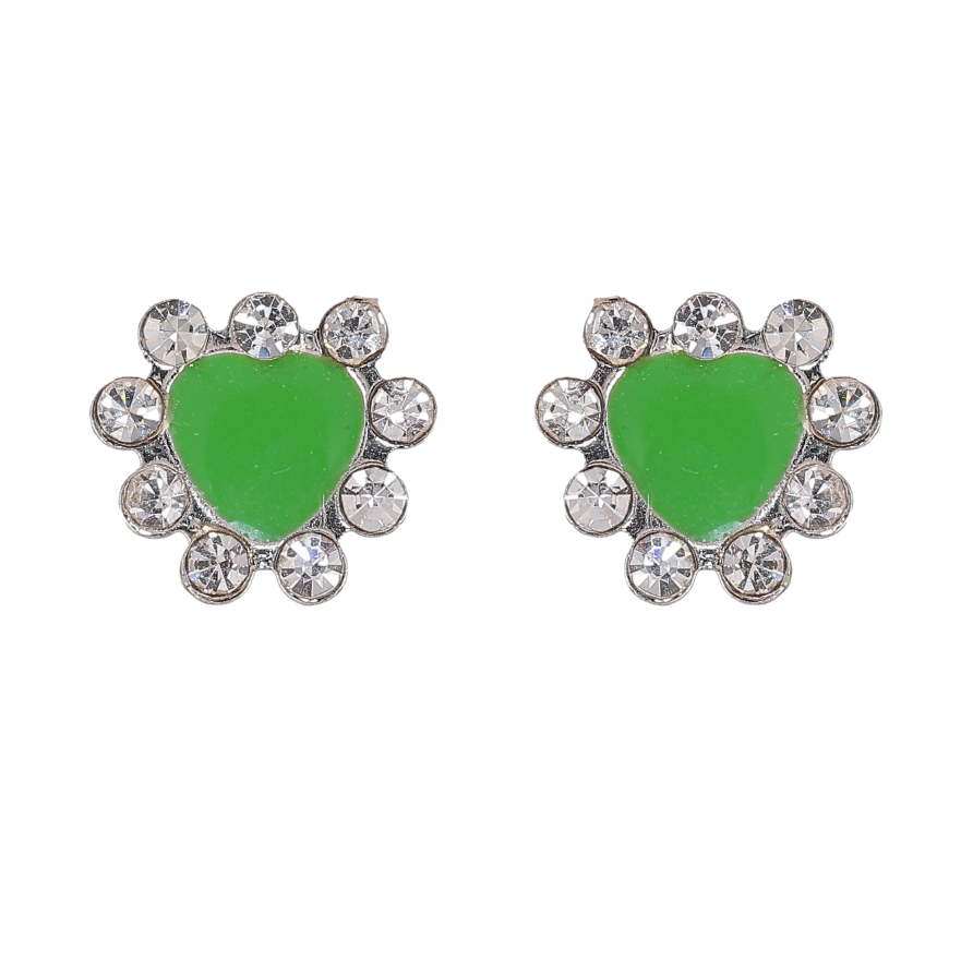 Серьги пусеты "Зеленые сердечки с эмалью и стразами" фото №1
