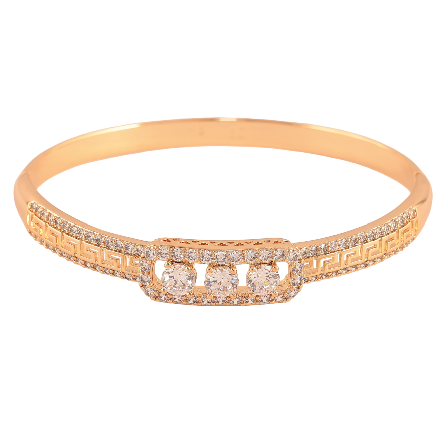 Браслет Xuping колір Позолота 18K "Грецький орнамент з доріжками цирконію та вставкою три кристали" ø 6см фото №1 Браслет Xuping колір Позолота 18K "Грецький орнамент з доріжками цирконію та вставкою три кристали" ø 6см фото №1