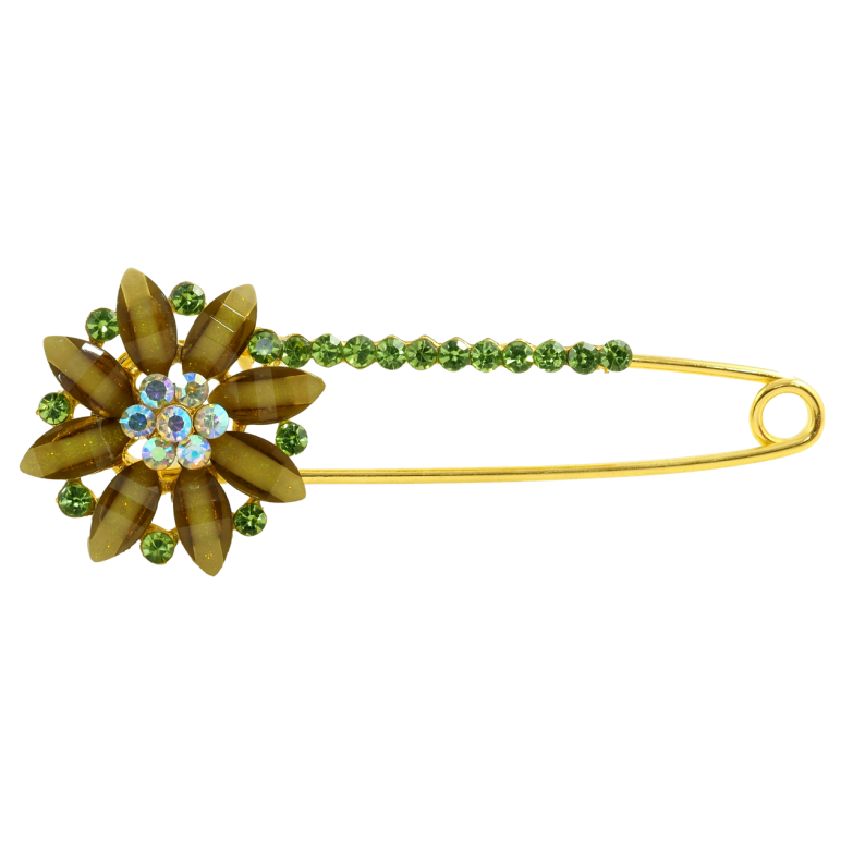 Брошь-булавка Цветок с зелеными стразами фото №1