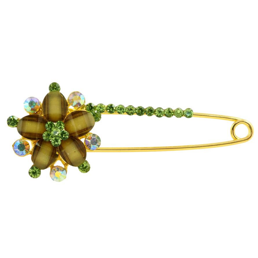 Брошка-шпилька Квітка із зеленими стразами фото №1 Брошка-шпилька Квітка із зеленими стразами фото №1