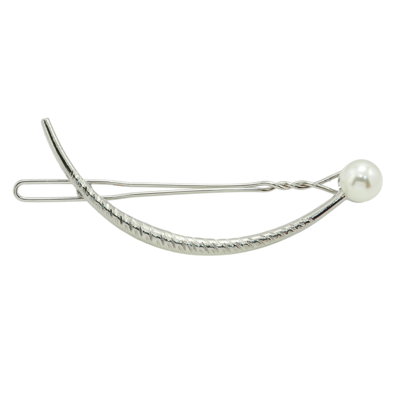 Заколка-затискач Срібляста дуга з перлиною довжина 7.8см, ø 10мм фото №1