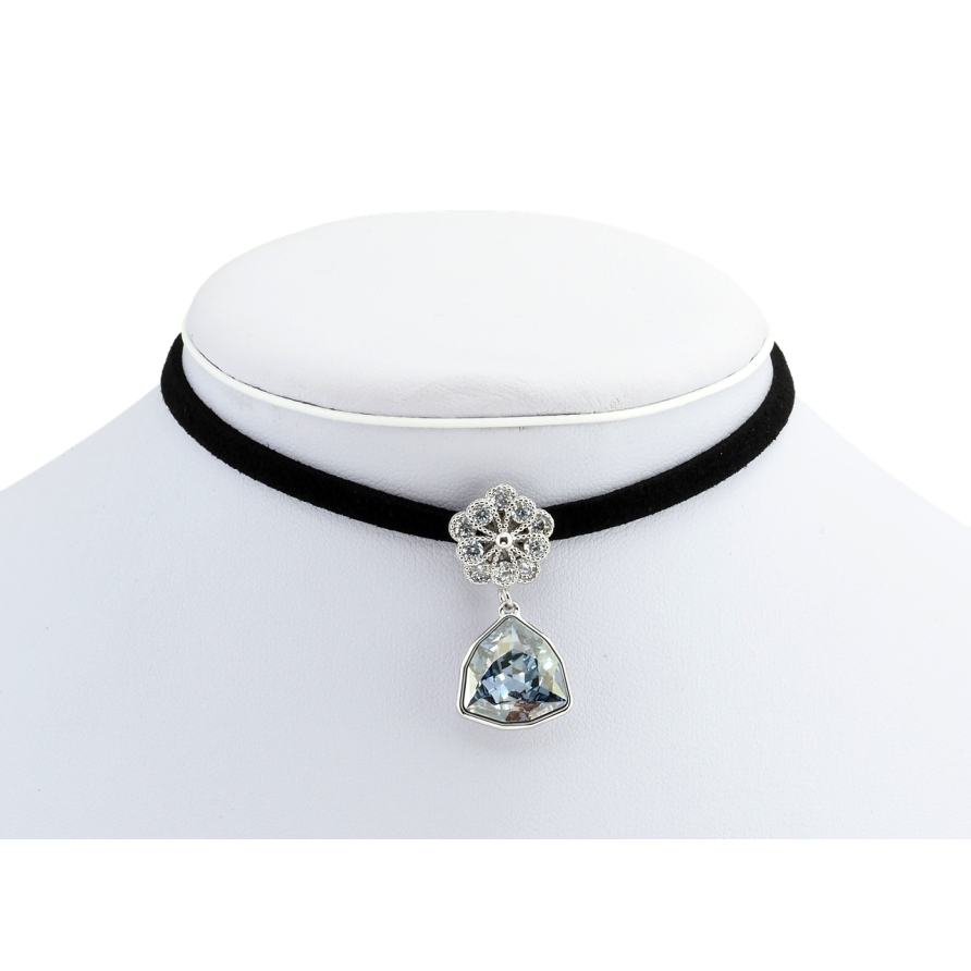 Кулон Xuping колір Родій з кр-ми Swarovski на чорній стрічці Квітка з кристальною підвіскою довжина 31-36,5см фото №1