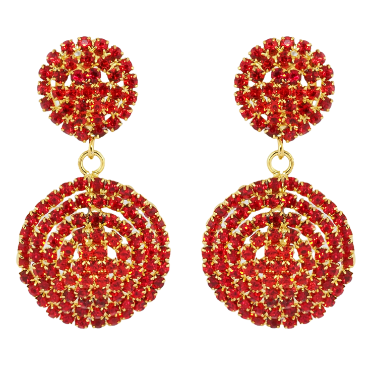 Сережки пусети Декоративні круглі підвіски з червоними стразами фото №3