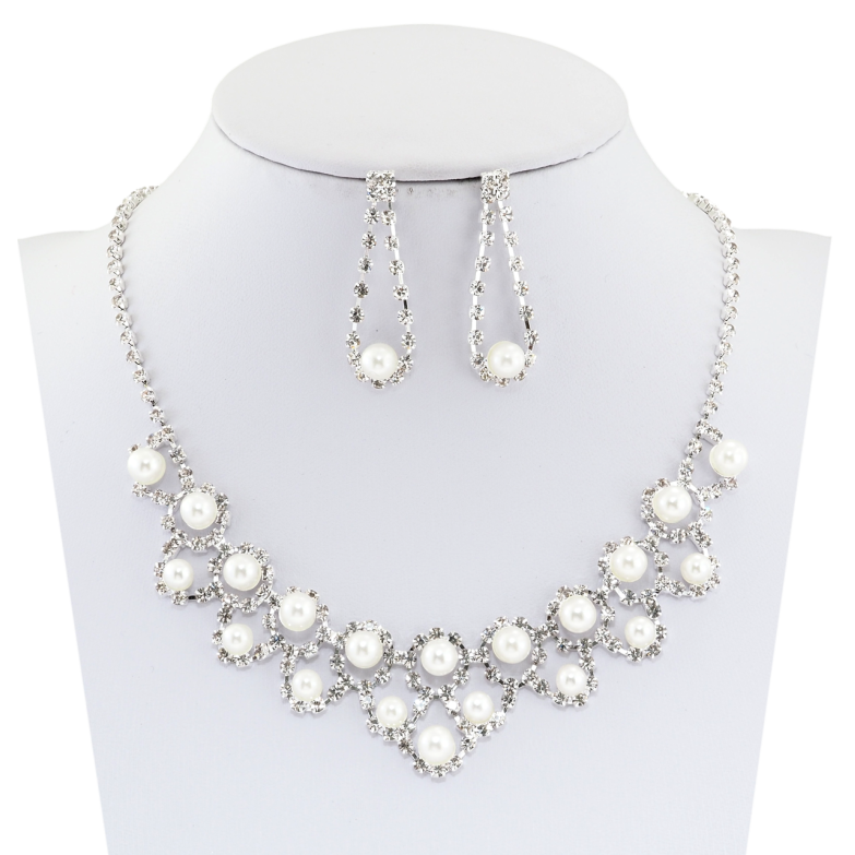 Набір Сережки Кольє Візерунок з перлинами та стразами довжина 36-52см х 3мм фото №1 Набір Сережки Кольє Візерунок з перлинами та стразами довжина 36-52см х 3мм фото №1