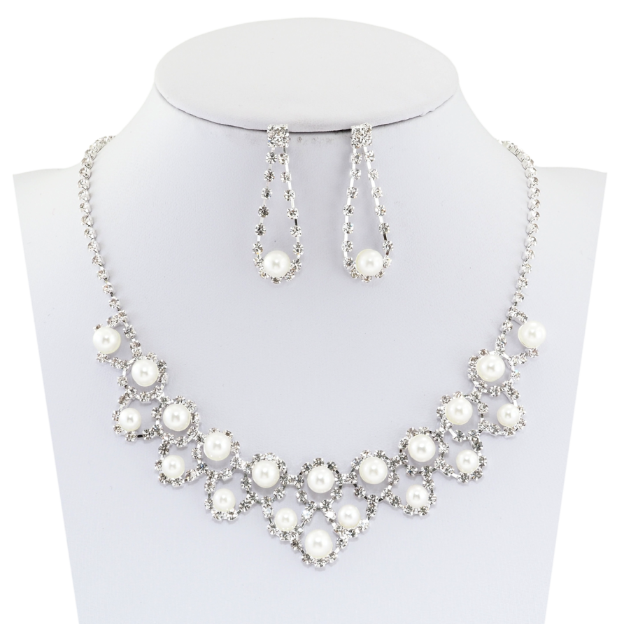 Набор Серьги Колье Узор с жемчужинками и стразами длина 36-52см х 3мм фото №1 Набор Серьги Колье Узор с жемчужинками и стразами длина 36-52см х 3мм фото №1