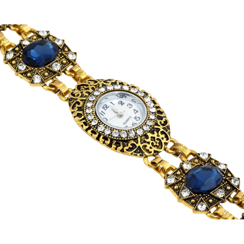 Браслет Декоративные часы со стразами и синими кристаллами длина 19см х 24-28мм ЧАСЫ НЕ РАБОТАЮТ! фото №1