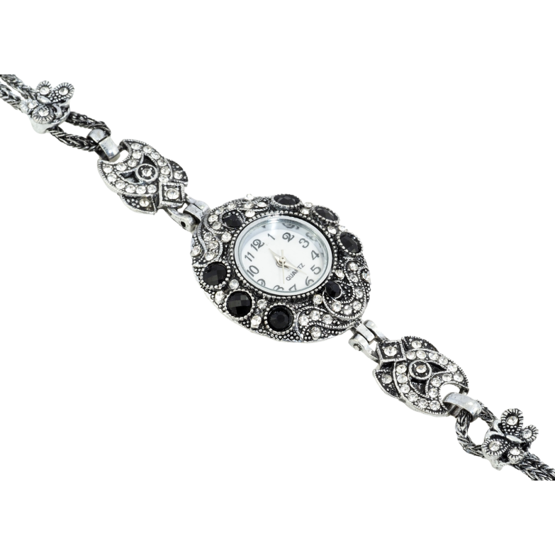 Браслет Декоративные часы с стразами и черными кристаллами длина 19см х 5-29мм ЧАСЫ НЕ РАБОТАЮТ! фото №1