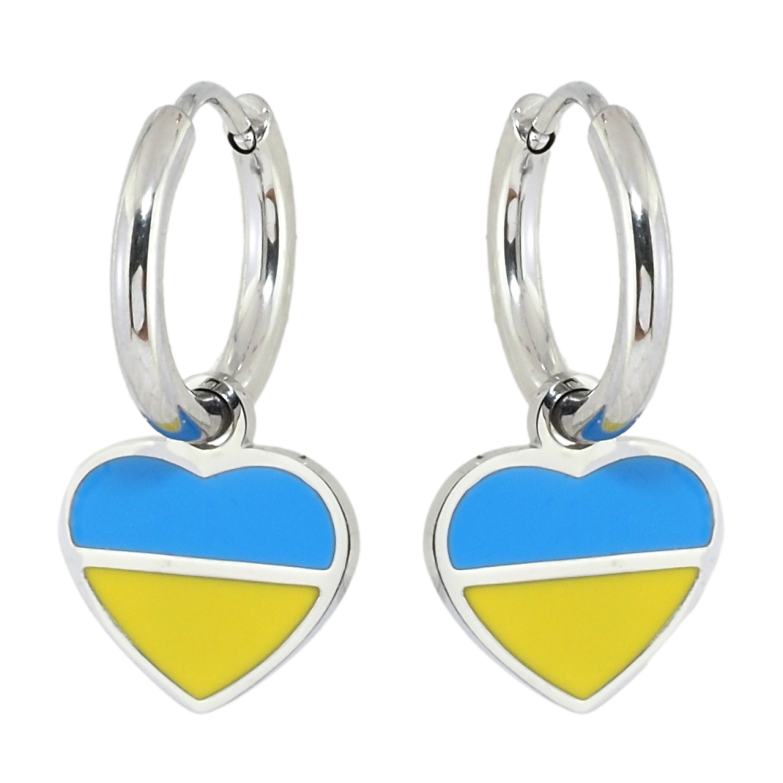 Серьги Xuping TTM Stainless Steel цвет Родий подвески на колечках Сердечки Патриотические желто-голубые фото №2