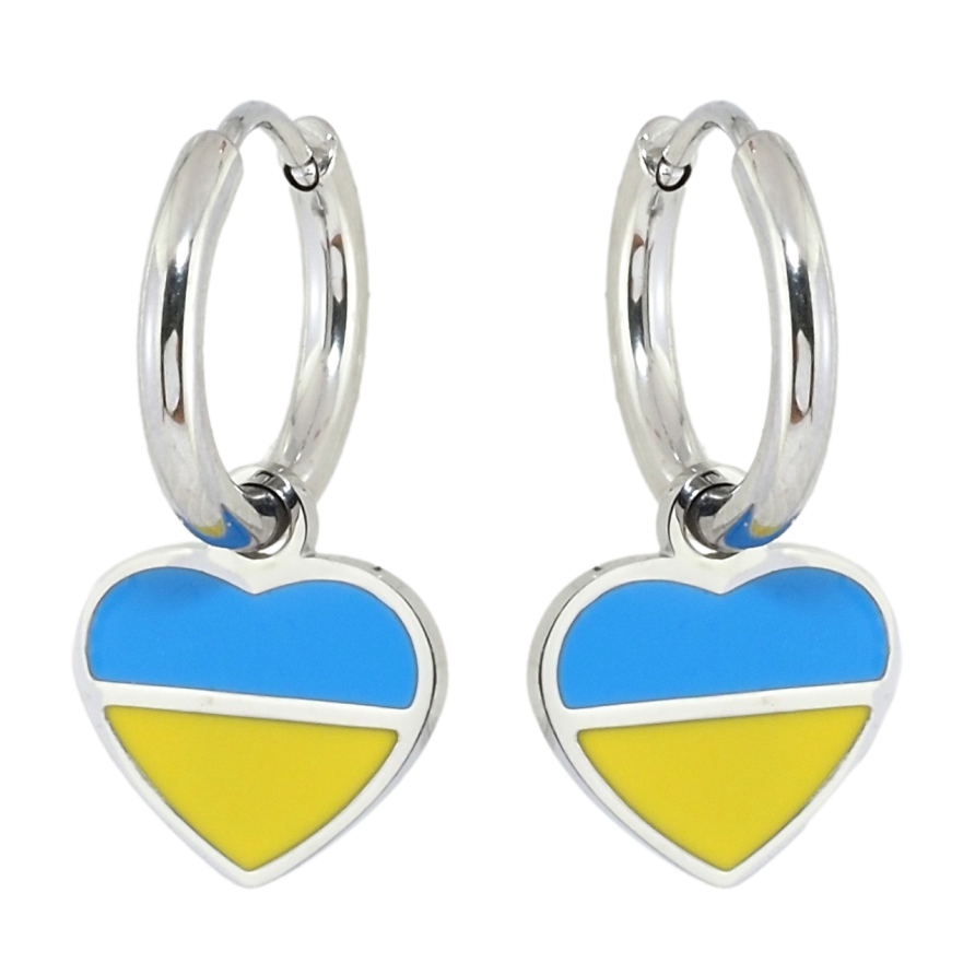 Сережки Xuping TTM Stainless Steel колір Родій підвіски на колечках Сердечки Патріотичні жовто-блакитні фото №1
