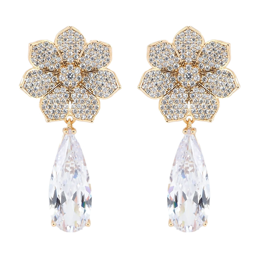 Сережки Xuping QQMM Позолота 18K пусети Квіти з інкрустацією цирконієм та підвіскою фіаніт фото №1 Сережки Xuping QQMM Позолота 18K пусети Квіти з інкрустацією цирконієм та підвіскою фіаніт фото №1