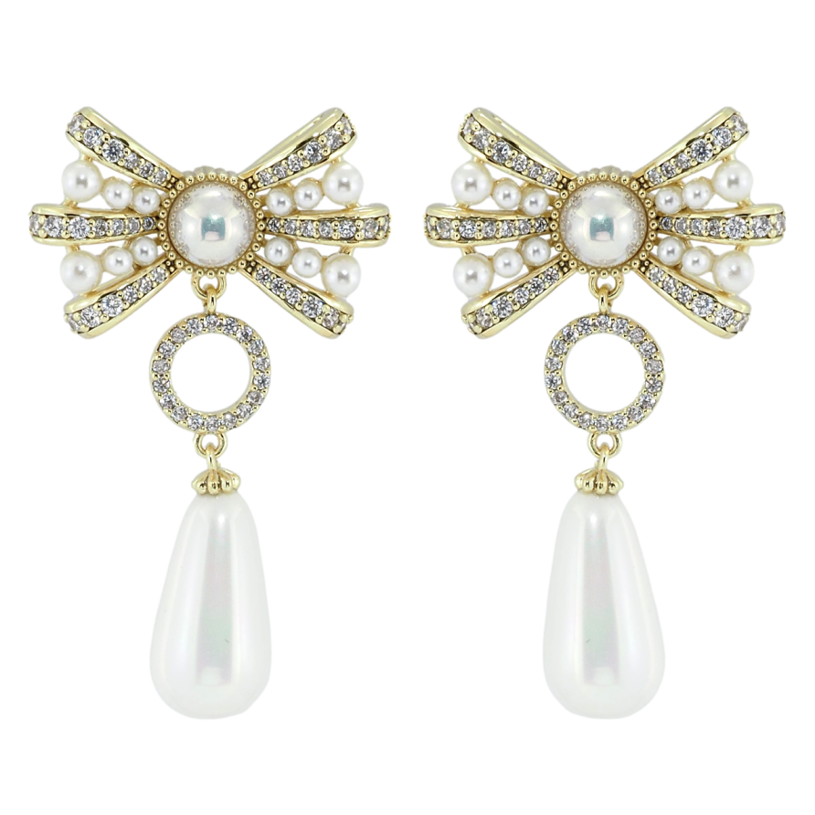 Сережки Xuping QQMM Позолота 14K пусети Перлинні банти з підвісками фото №1 Сережки Xuping QQMM Позолота 14K пусети Перлинні банти з підвісками фото №1